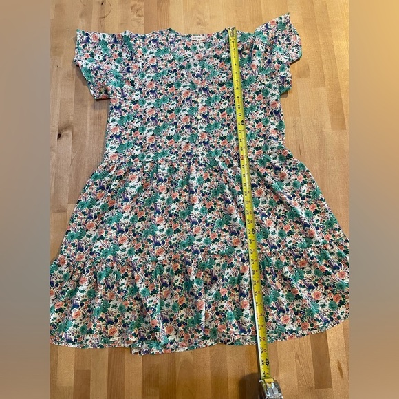 JODIFL Floral Teal/Pink Short Flutter Sleeve Dress Button Front Tiered Small - Picture 10 of 11